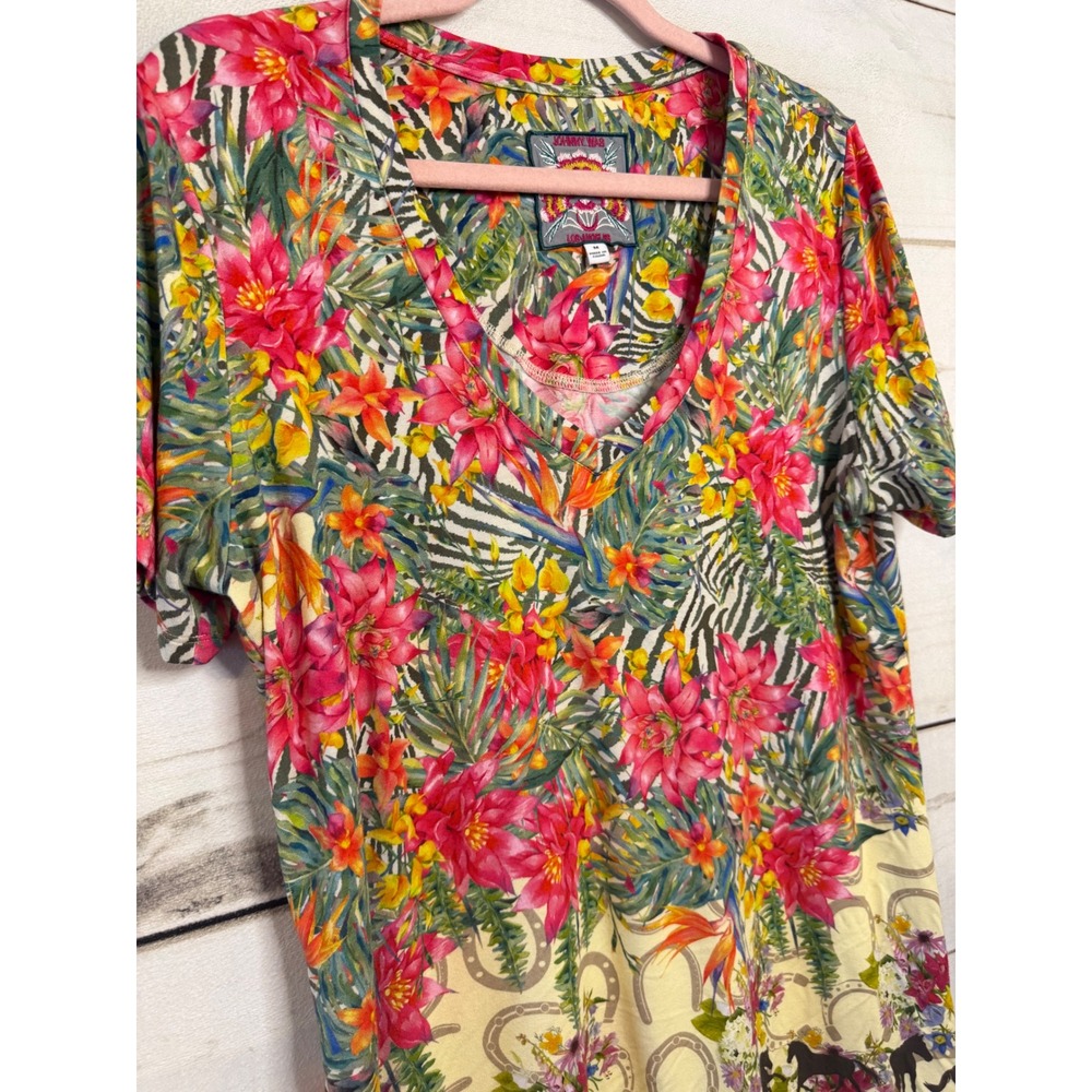 Johnny Was Floral Tropical V-Neck Tee in Pink, Yellow, Green - Picture 2 of 7